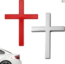 2pcs Self-Adhesive Zinc Alloy Metal Cross Emblem Decals, 3D Color: Silver, Red