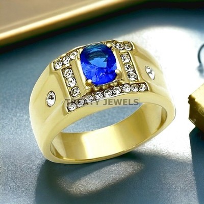 Blue Sapphire Oval Cut With 14k Yellow Gold Ring For Men #323 #