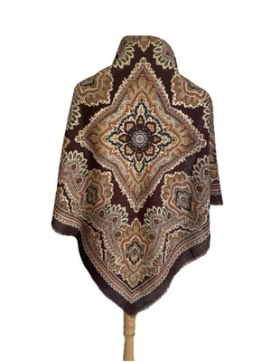 H75# VTG Kaschmir 100% Wolle Wool Scarf Square Paisley Medallion Brown Fringe