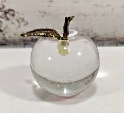 Vintage Clear Art Glass Apple Shaped Paperweight w/ Brass Metal Stem and Leaf 3''