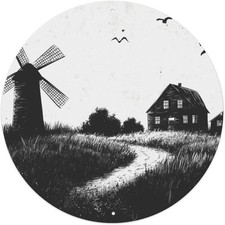 Black Farm Windmill And Houses on White Tin Metal Signs Home D cor 8x8 Round Alu