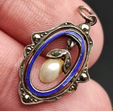 Antik Silber 800 Anhänger Emaille Blau & Perle Edwardian um 1900 Markasiten 