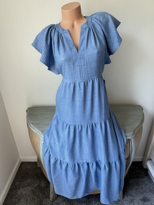 Emma & Michele Maxi Dress M tiered flutter sleeve Darlin Split Cornflower Blue