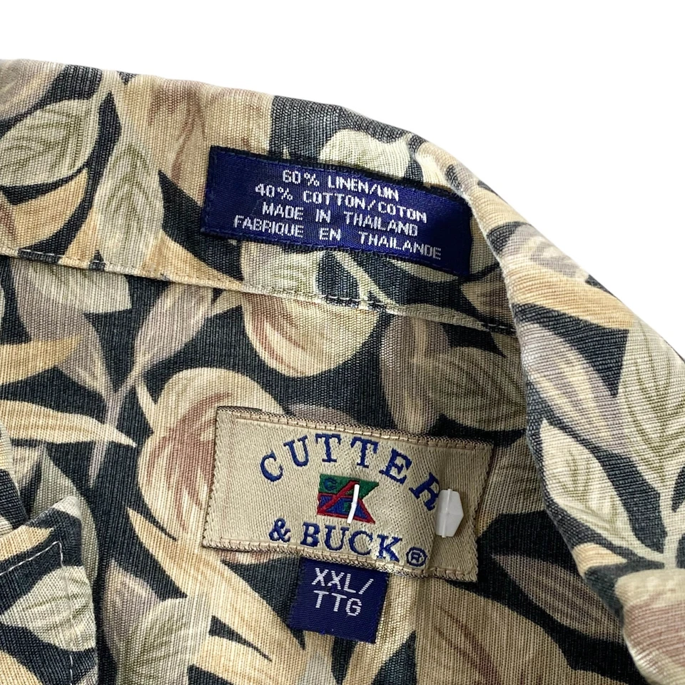 Cutter & Buck Hawaiian Shirt 2XL Floral Tropical Leaves Vines Black Tan - Image 4 of 4