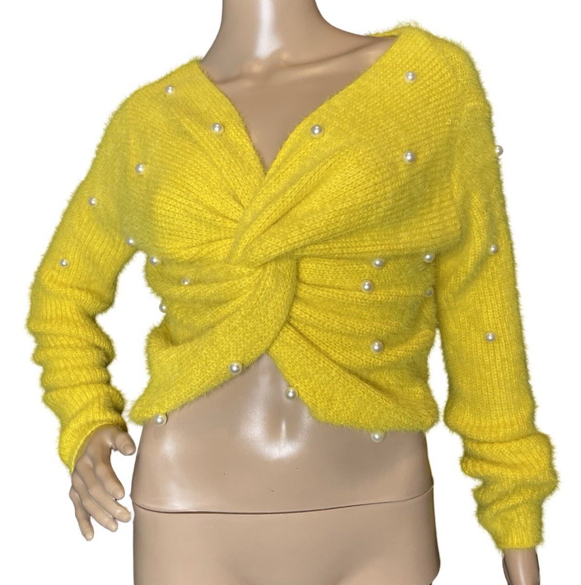 Fashion Nova Yellow Fuzzy Pearl detail CroppedTwist Long Sleeve