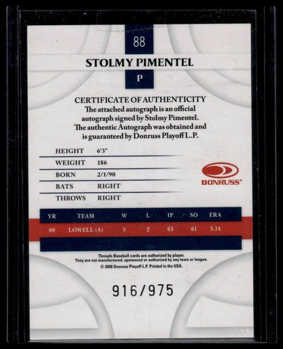 2008 Donruss Threads Stolmy Pimentel Signatures Gold 916/975 - Picture 2 of 2
