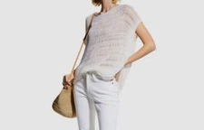 $498 Lafayette 148 Women's Ivory Silk Bateau Neck Lofty Open-Stitch Sweater Sz L