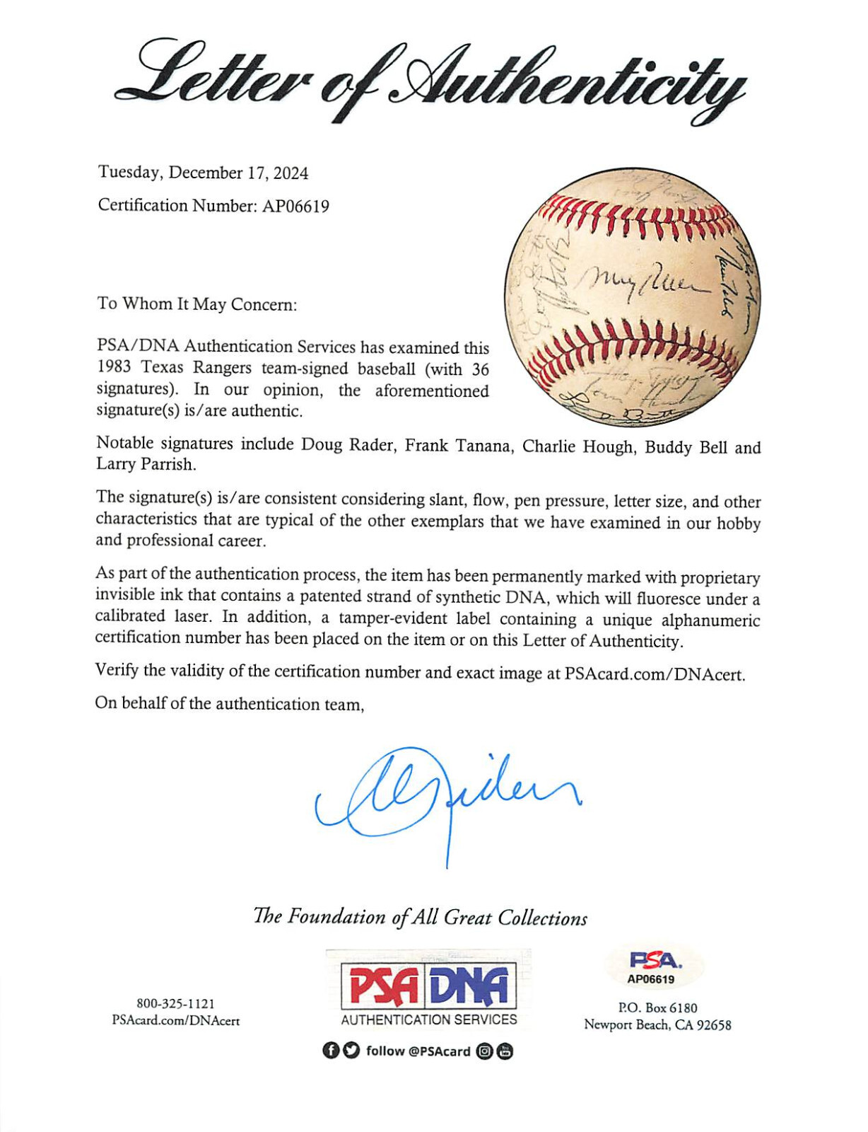 1983 Texas Rangers Team-Signed Baseball Autograph Auto PSA/DNA AP06619 view 7