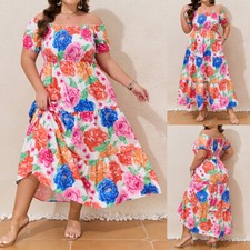 Plus Size Women Summer Boho Floral Dress Cold Shoulder Ruffle Dresses Sundress