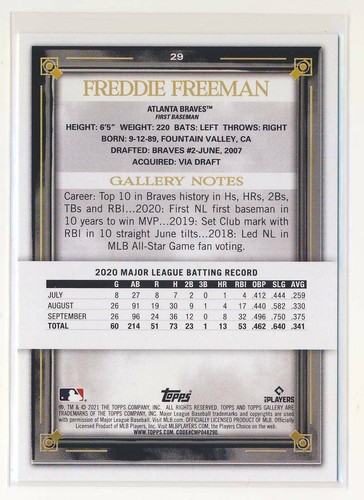 Topps Gallery Printer Proofs #29 2021 Freddie Freeman Atlanta Braves BX8 - Imagen 2 de 2