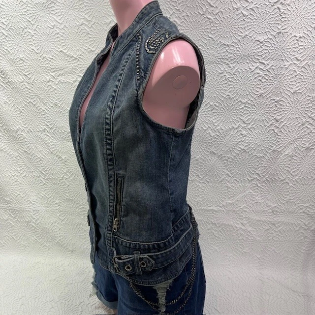 Chaleco Vaquero Guess Jeans Azul Abotonado Elastizado Paz Tachonado Motociclista Años 80 90 Y2K Foto 4 de 4