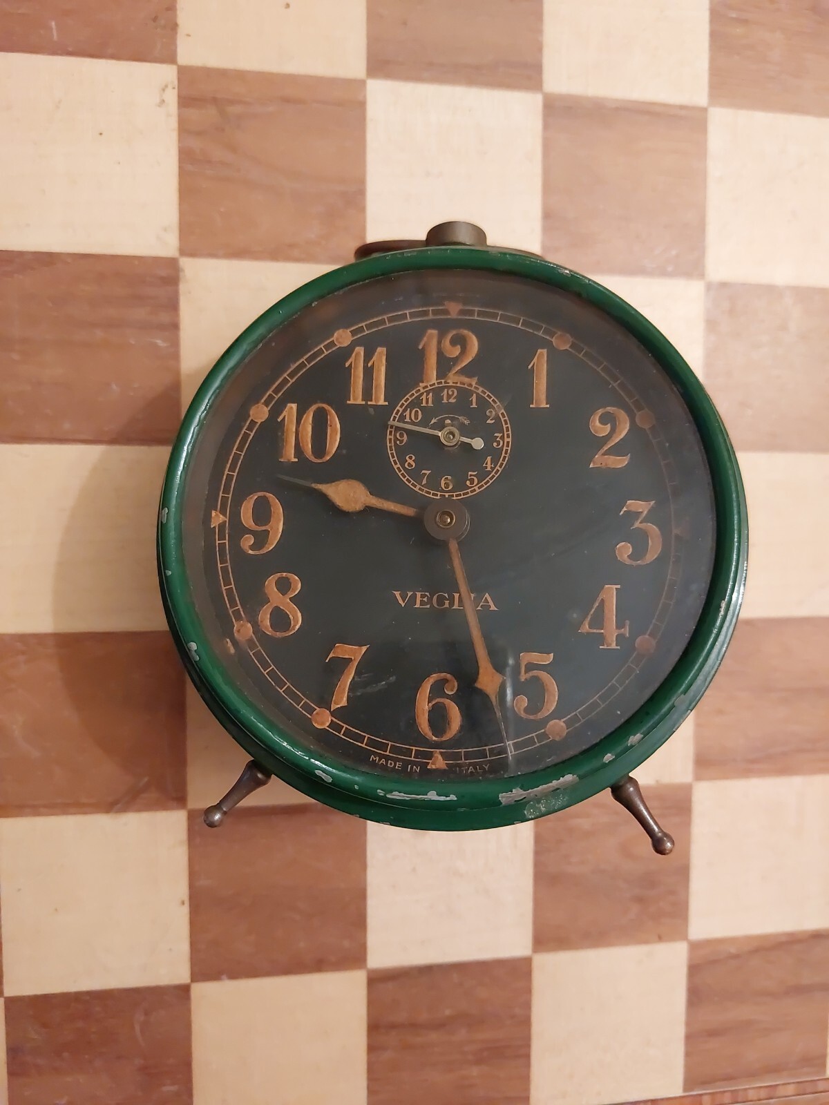Vintage Made in Italy Italian Green Metal Cased Veglia Alarm Desk Clock