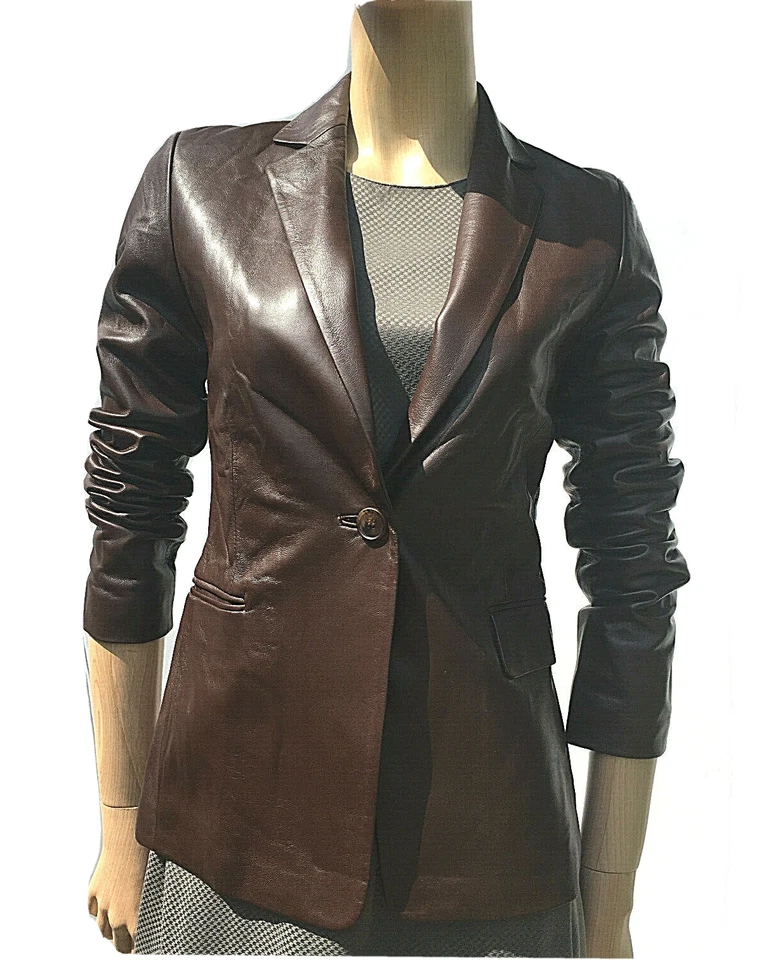 Brown Leather Blazer Jacket Long Sleeve First Avenue Women's Size S - Image 2 of 4