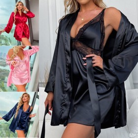 Women Sexy Lingerie Set Babydoll & Lace Satin Kimono Robe Chemise Nightgown US