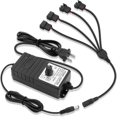 12V 36W Adjustable PC Fan Speed Controller with 4-Port Splitter and Adapter