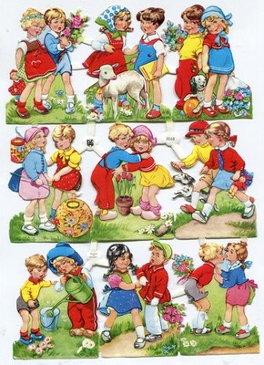 Glanzbilder Oblaten scrap die cut Oblatenbogen EAS 3058 Kinder Paare spielen Rar