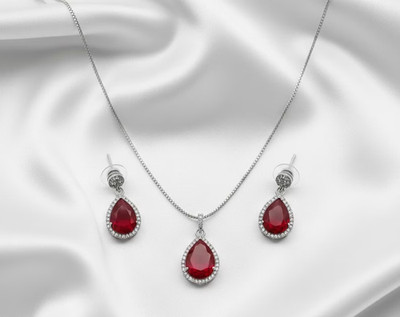 Red Crystal Pear Pendant Necklace and Matching Teardrop Earrings Set, Halo Clear