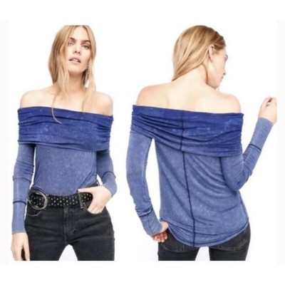We The Free Purple Cosmo Cowl Neck Blue Sapphire Long Sleeve Off Shoulder Tunic