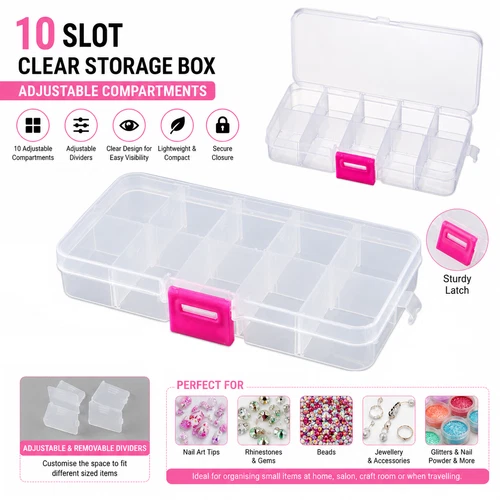10 Slot Clear Storage Box Adjustable Plastic Nail Art Tip Gems Beads Rhinestones