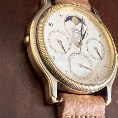 EXCELLENT Running Vintage Seiko 7F39-6029 Moon Phase Silver/Gold