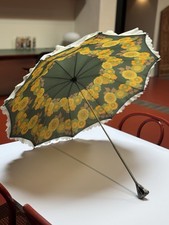 Vtg Ladies Ivory Umbrella W/Floral Print Silver Handle Purple Stone