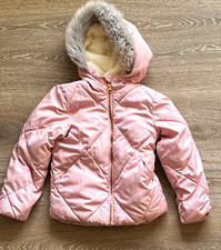 Old Navy Girls M 8 Pink Hooded Puffer Jacket Faux Fur Trim Pockets