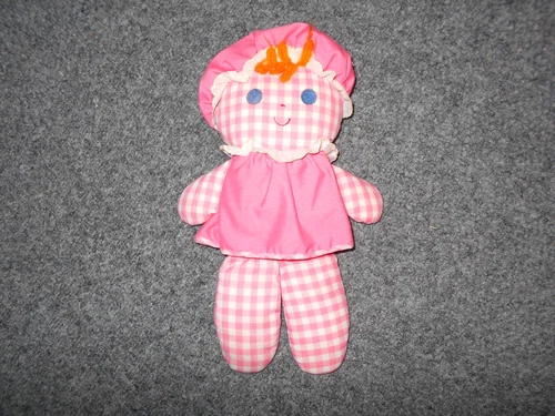 1975 VTG FISHER PRICE #420 LOLLY WEARING PINK GINGHAM RATTLE DOLL PLUSH       A4