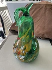 Vintage Hand Blown Murano Style Art Glass Green/Red/Yellow Mottled Pear Figurine