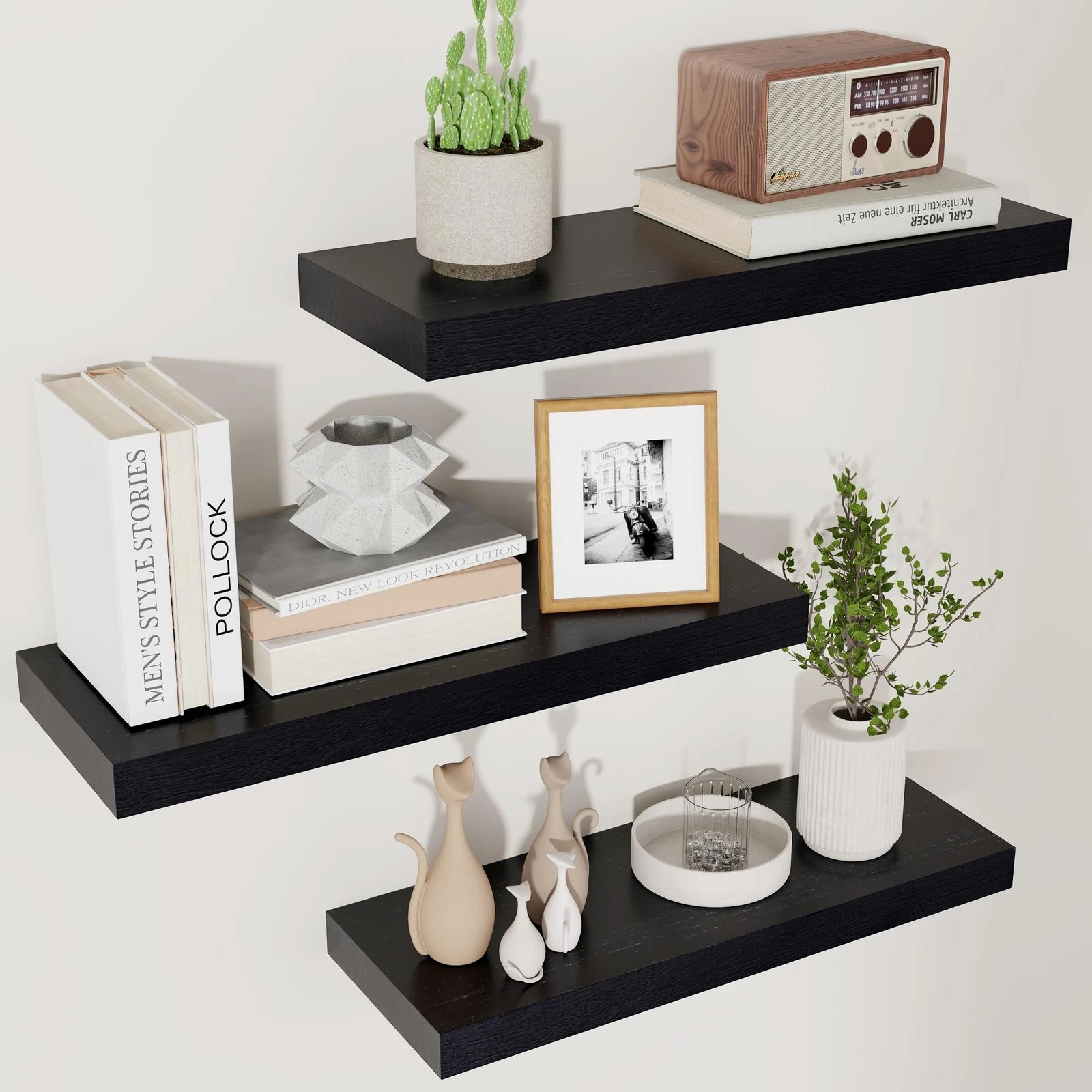 Floating Shelves Wall Black Wood Set of 3 Modern Style Wooden Room Decor