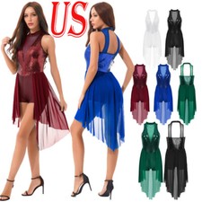 Women Lyrical Dance Dress Modern Costume Flash Sequins Mesh Tulle High Low Skirt