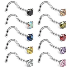 10PCS 18G Surgical Steel Mix Color CZ Nose Stud Rings Screw Bend Body Piercing