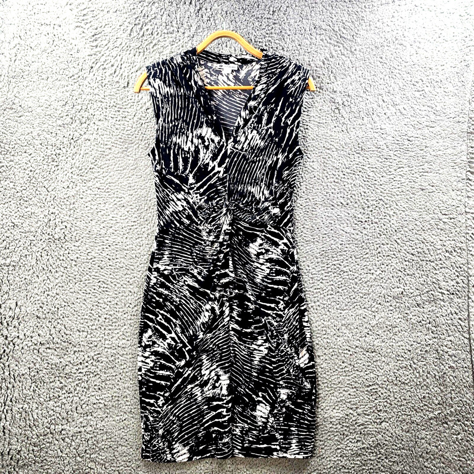 Rockmans Womens Bodycon Dress Size 10 Black Ivory Stretch Knit Sleeveless V-Neck