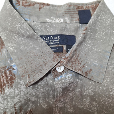 NAT NAST 100% Linen American Fit Short Sleeve Shirt Sz XL Gray Brown Floral AOP