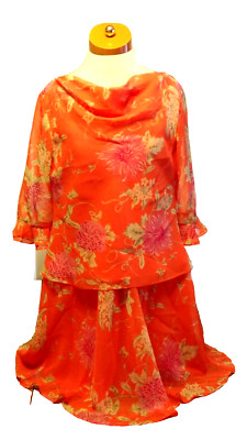 Drapers And Damons Petites Orange Floral Skirt & Blouse Ruffle Size 10P
