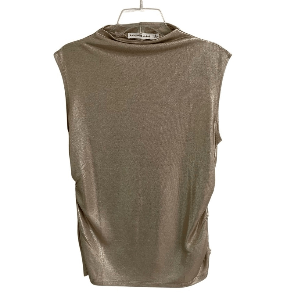 RM by Rebecca Minkoff Women's L Mock Neck Gold Metallic Sleeveless Blouse Ruched