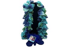 Girls 2P SET Blue Teal Navy Frill Scarf Navy Fur trim Magic Stretch Mittens