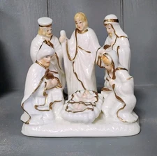 Small Ceramic Nativity Scene Manger Creche Off White Gold Mary Joseph Jesus 