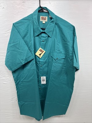 New Men s ELY Cattleman Teal Short Sleeve Pearl Snap Shirt 17 XL X-107