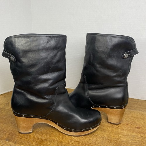 UGG Australia Black Leather Shearling Clog Boots Women’s 9 – Wood Heel S/N 1958 - Picture 15 of 24