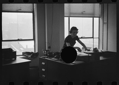 Photo:1930s Woman Office Worker Desk Interior Black and White Print