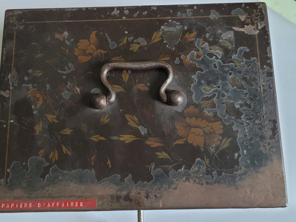 FICHET Coffre Fort Ancien Coffret Caisse ART DECO LAQUÉ DÉCOR FLORAL 1930's - Photo 2/4