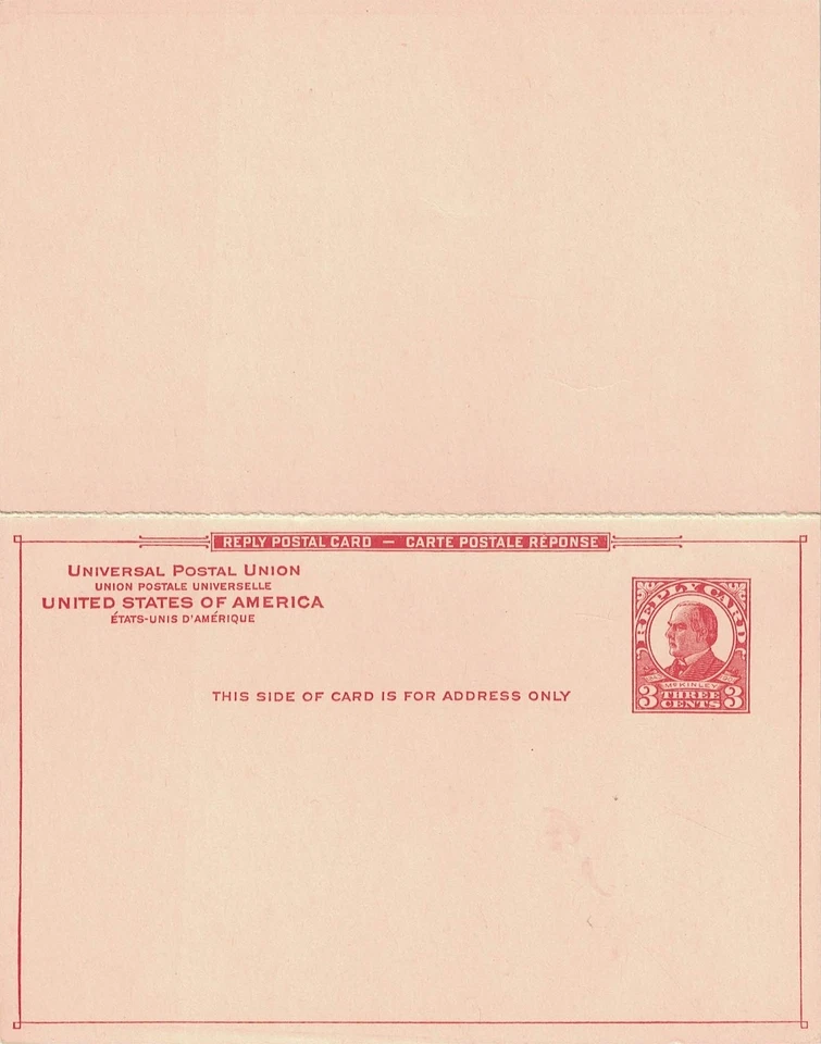 An Unused Entire 1926 3¢ + 3¢ Reply Attached McKinley Postal Card -- Scott #UY12 - Image 2 of 2