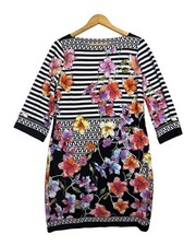 Beige by ECI Floral Stripe Shift Dress Size 8 Black White 3/4 Sleeve