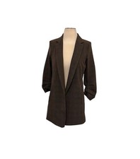 NWT Rachel Zoe Brown Plaid Open Front Blazer Long Stretch Ruched Sleeve Sz S