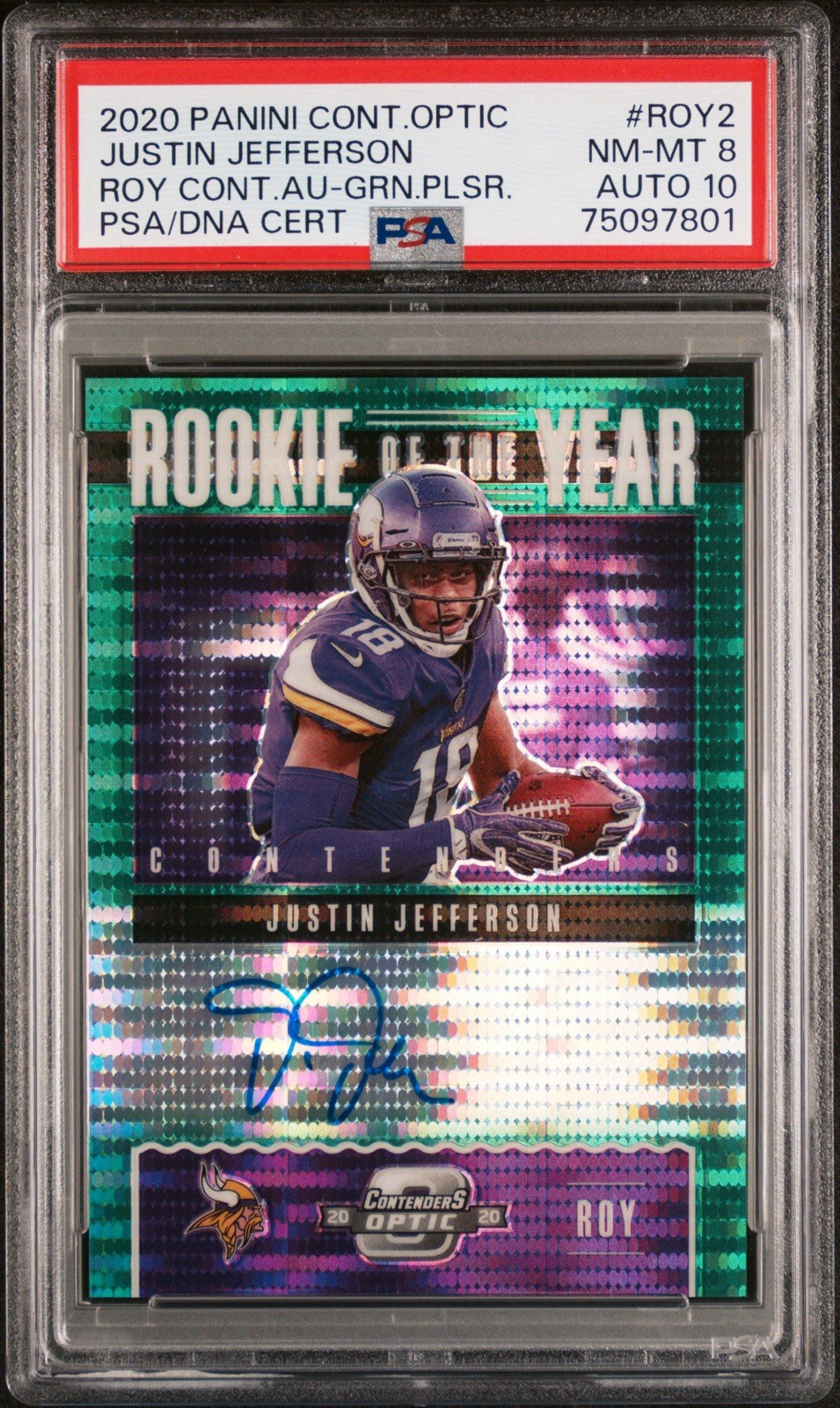 Justin Jefferson Panini Contenders Optic Rookie of the Year Contenders Autographs #ROY2 Green Pulsar