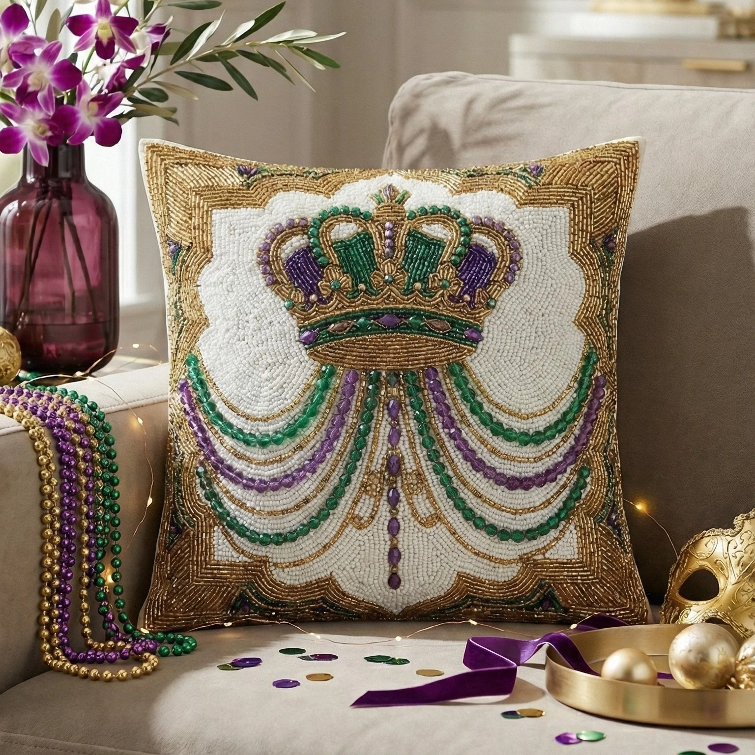 Mardi Gras Beaded Crown Pillow Cover 16x16 18x18 20x20 Handcrafted Throw Cushion