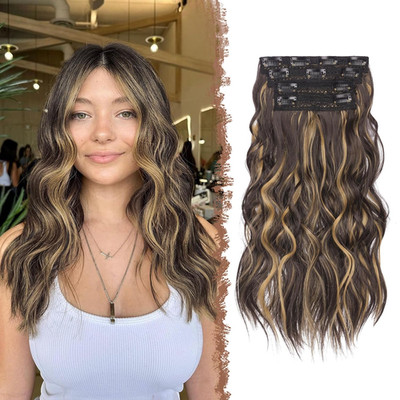 FESHFEN Clip in Extensions, 4Pcs Lang Wellig Haarverlängerungen Mit Clips Synthe