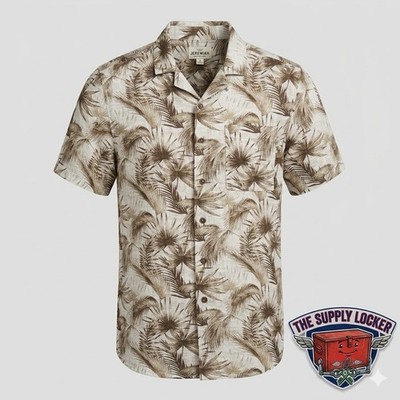 Jeremiah American Legacy Hawaiian Camp Shirt Palm Leaf Beige Brown S NWT