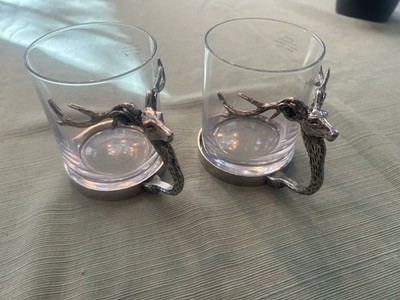 SET (2) LODGE SILVER PEWTER STAG HANDLED WHISKEY GLASS TUMBLERS TABLEWARE