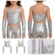 Girls Dancewear Ballroom Crop Top Metallic Outfits Jazz Sleeveless Photography